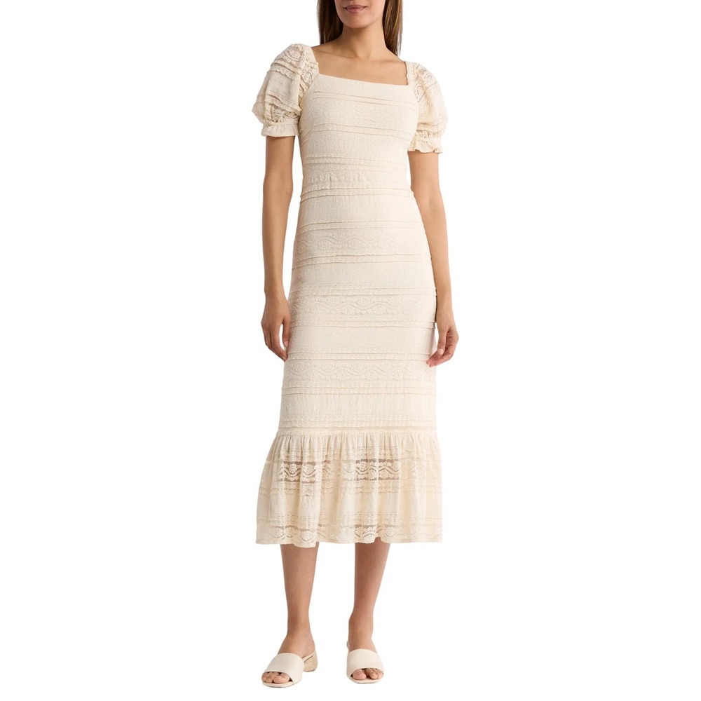 Eliza J Lace Smocked Puff Sleeve Midi Dress Square Neck Cream Womens 8 Boho